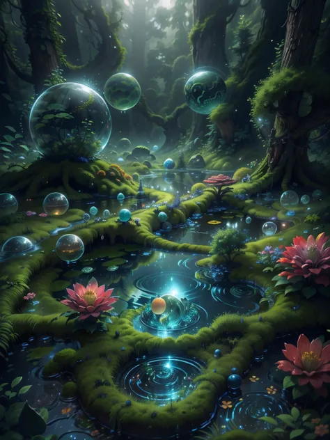 swamp, Crystal alien flower divinity surrounded moss, wet ground with reflexions, spheres from Maurits Cornelis Escher, Ice, reptilian, opl, green, blue, red and silver, planets in sky, alien lendscape, black and white still, digital Art, perfect compositi...