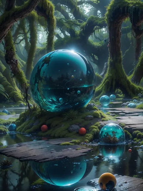 swamp, Crystal alien flower divinity surrounded moss, wet ground with reflexions, spheres from Maurits Cornelis Escher, Ice, reptilian, opl, green, blue, red and silver, planets in sky, alien lendscape, black and white still, digital Art, perfect compositi...