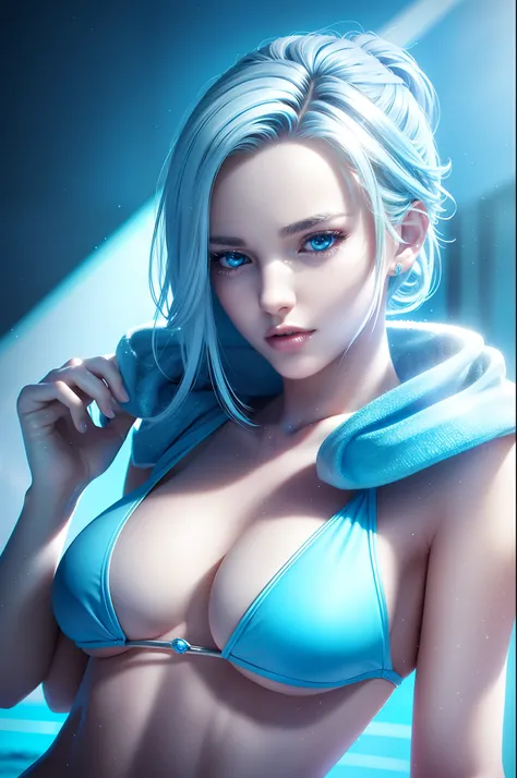 jett valorant, 1 girl, blue bikini sparkling blue eyes, silver hair,pool background, nice perfect face with soft skin, intricate detail, 8k resolution, masterpiece, 8k resolution photorealistic masterpiece, professional photography, natural lighting, detai...