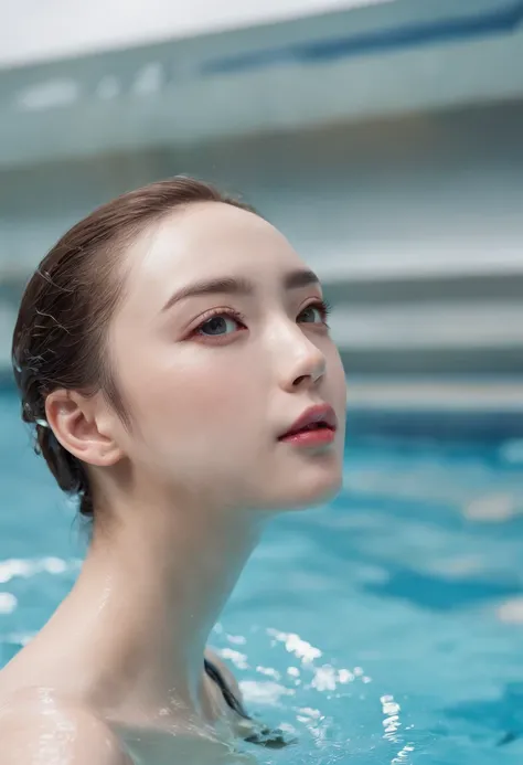 Best Quality, masuter piece, 超A high resolution, (Photorealistic:1.4), Raw photo, Professional Lighting, high-level image quality, high-detail, ​masterpiece、a 25 year old girl、Wet eyes、Competitive swimmers、Competitive swimsuit、(Swimming:1.5)、The background...