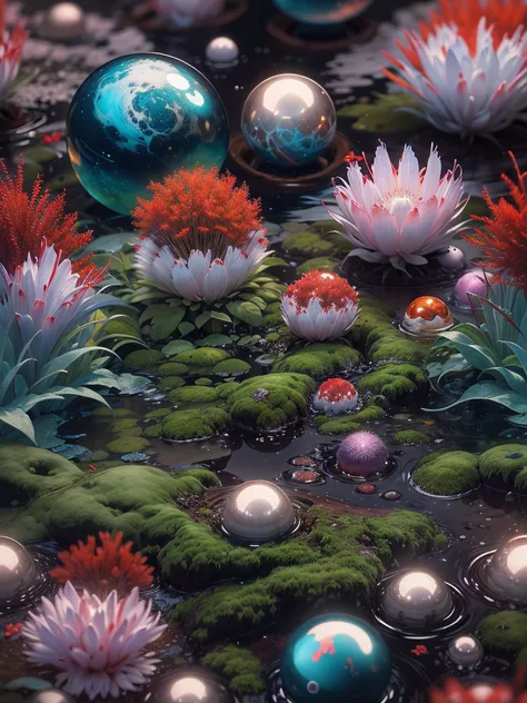 swamp, Crystal alien flower divinity surrounded moss, wet ground with reflexions, spheres from Maurits Cornelis Escher, Ice, reptilian, opl, green, blue, red and silver, planets in sky, alien lendscape, black and white still, digital Art, perfect compositi...