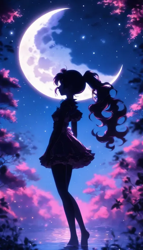 (Silhouette art,)High ponytail,
(((arte em papel cortado,A world where only black exists:1.3)，
(Full body shot),1lady,Solo,willowy body,Slim body,plump,fairy,
(JK,profile:1.2),White,Moonlight,The moon behind,Delicate legs,Delicate legs,Extremely long legs)...