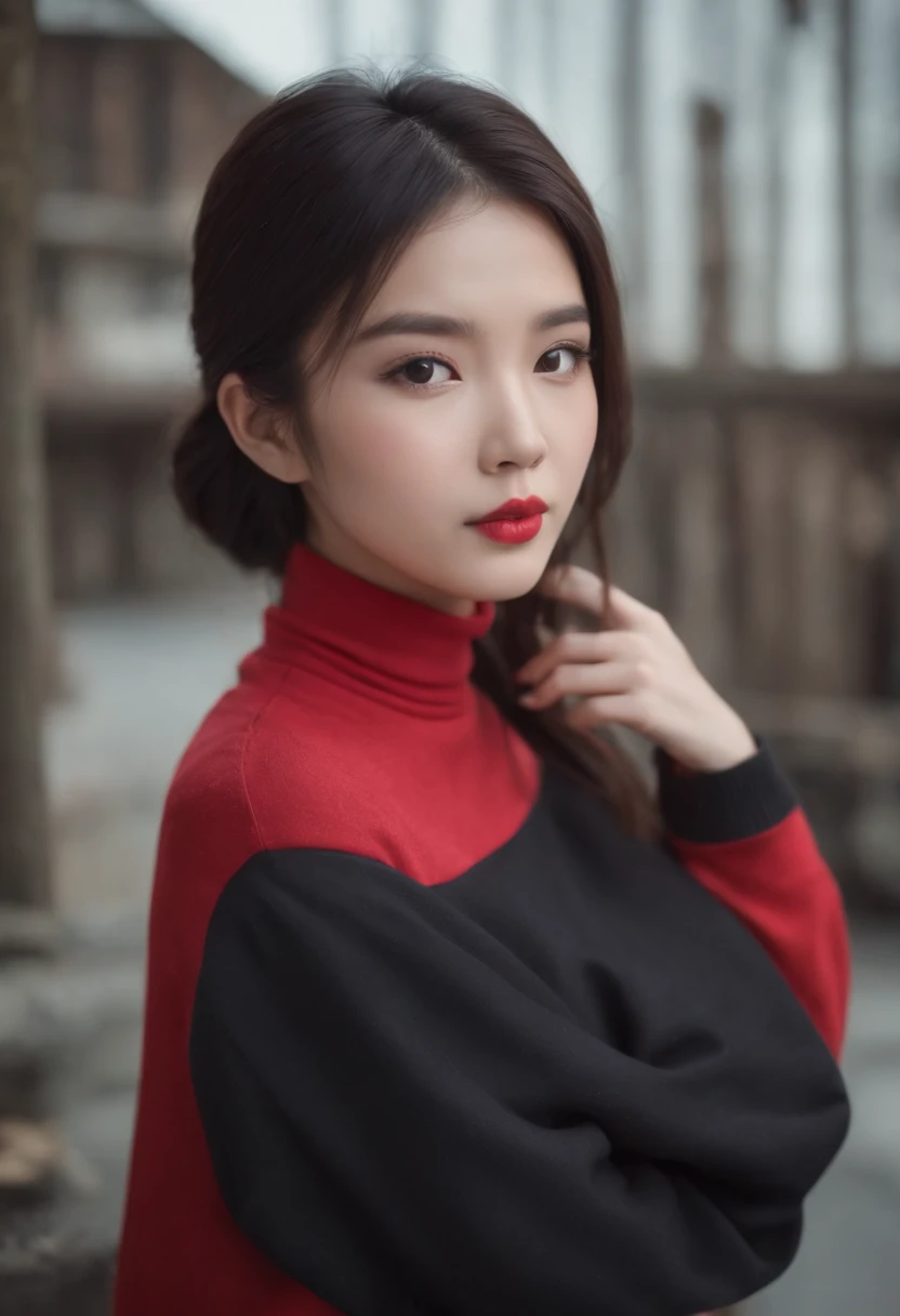 asian kawaii beauty, tall, gorgeous, age 23, smooth skin, black hair. red color turtle neck, black fitting pants, highly detailed, well lit, 8k, reviewing artifacts, amazing detail,