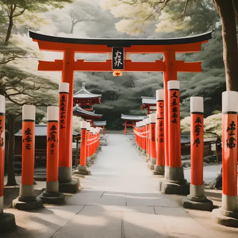 there is a red tori tori gate with a red lantern hanging from it, centered torii gate, torii in a moutain with trees, japan travel aesthetic, japanese torii in a moutain, japanese shrine, inspired by Torii Kiyomoto, inari shrine, kyoto inspired, japanese t...