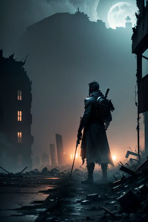 (side view, ruins, darkness, night, post apocalyptic), on the left a ghost hunter with a gun, on the right a menacing wraith whos attacking ghost hunter