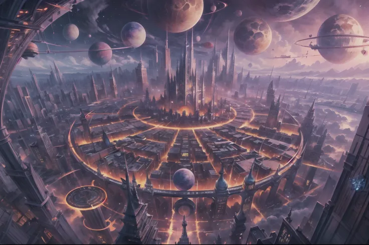 ((master piece)), best quality, (8k, best quality, masterpiece:1.2), ultra-detailed, illustration, big fantasy city, Science fiction, ethereal city, Floating city, many planets in the skies, clouds around, celestial architecture, purple energy scarring aro...