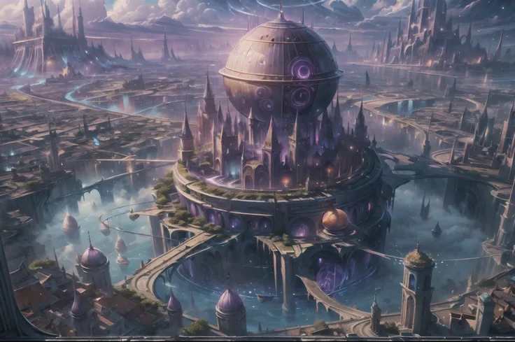 ((master piece)), best quality, (8k, best quality, masterpiece:1.2), ultra-detailed, illustration, big fantasy city, Science fiction, ethereal city, Floating city, many planets in the skies, clouds around, celestial architecture, purple energy scarring aro...