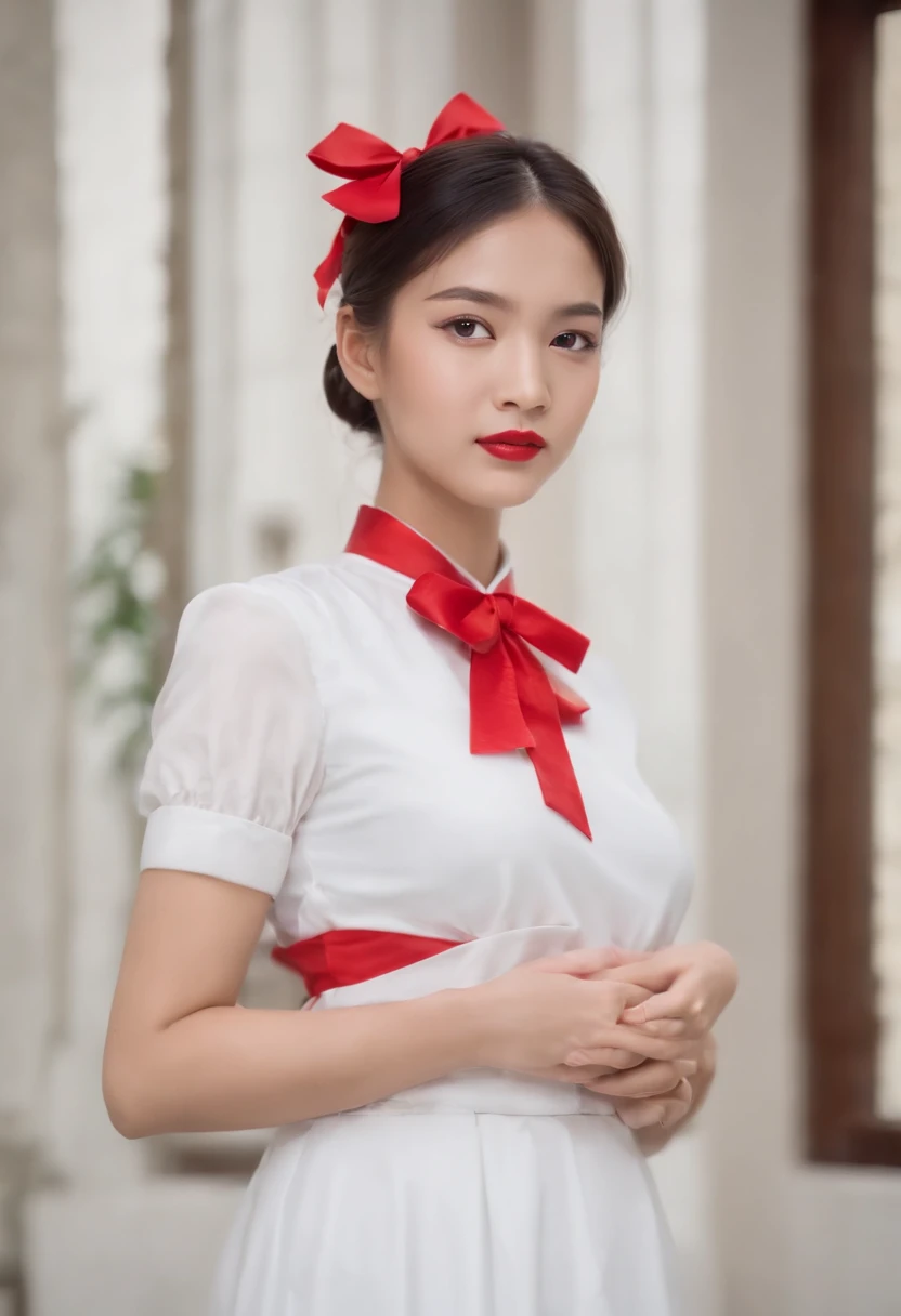 There is a woman in a white shirt with a red bow on her chest, Nivanh Chanthara, white ribbon, Profilbild 1024px, nur mit Rot, Thawan Duchanee, Rotes Band, Wunderbares Meisterwerk, Jia, 18 years old, white, red, friedlich, Yuli Ban, Sakimi chan, Uniform de...