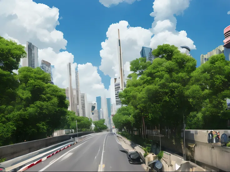 城市，Bustling city center，There are many people，There are Cumulus congestus clouds in the sky，lane，A river，Filming on the road，streetview