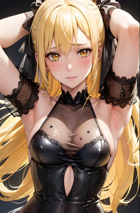 (Behind Wallenstein,Yellow hair,Long hair,Yellow eyes ),Detailed Focus:1.3, masutepiece, Best Quality, 1womanl,Shot from the side of a woman,Slender face,slender physique, Looking at Viewer, Cute, medium breasts, Beautiful detailed eyes, detailed armpit,de...