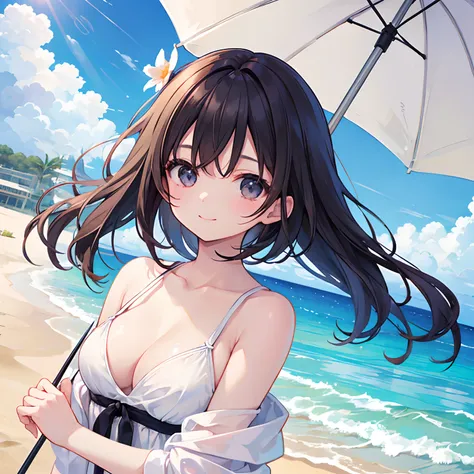 girl with、Dark hair、Black eyes、swim wears、ami、夏天、Mare、vague、sand beach、parasol、A smile、laught、Daytime、suns、conversation、A delightful