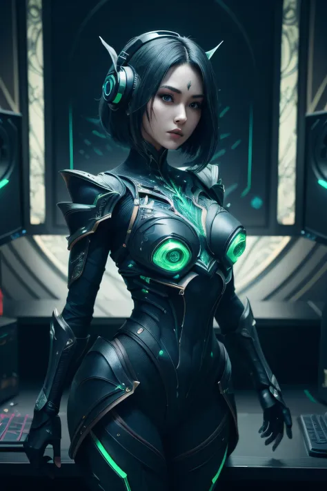 beautiful japanese young woman, extreme detailed, bodysuit, gloves, belt, thigh boots, (valorantViper:1.2), bodysuit, gloves, belt, thigh boots, respirator, looking at viewer, face, portrait, close-up, green, slender, (combat ready stance), (tactical outfi...