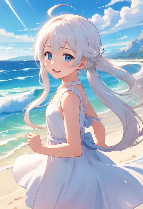 cute little girl standing in a beach,wind,white hair, blue eyes,very long ponytails,white dress,white hat,blue sky,laugh,double tooth,closed eyes,looking at viewer,lens flare,dramatic, coastal,