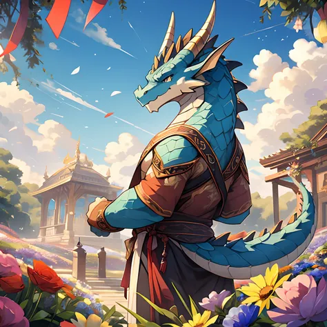 (Masterpiece), (Excellent), (Extremely fine), White dew, Square, spectator, Dragon tail horn, Upper body, Flowers, Streamers, Clouds,