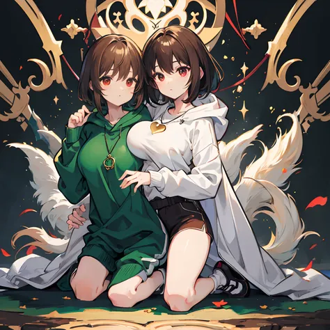 undertale，chara，solo person，Lone wolf，shadowy，guffaw，red - eyed，Sick，morden，Cold-blooded killer，Green hood，Green sweater，brown shorts，daggers，stocklings，Full body standing painting，with short brown hair，Be red in the face，Hand repair，the detail，k hd，Gold l...