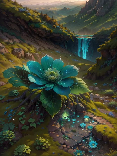 complex art, a valley on Mars with a flower-covered mountainscape at sunset, in the foreground, a silky, shiny green blue black-petaled flower with transparent glistening dewdrops cascading between its leaves, rooted in stone on the edge of a mountain clif...