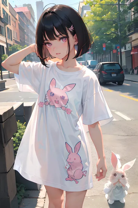 （​masterpiece，Highest Quality），(child)，((Long white T-shirt with rabbit print，Light short sleeve dress))，(A dark-haired，Medium bob)，Light pink eyes，embarrassed from，sleepy expression，Delicate body