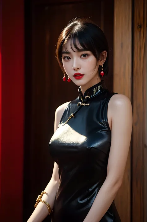 1girls,shrubs,Girl-Girl, china dress, black cheongsam dress, Blunt haircut, (masterpiece:1.4), (bestquality:1.4), (oily shiny skin), Red lips, looking at the audience, Big breasts, cleft lip, close up shot, out-door,