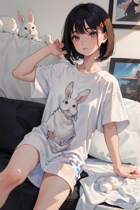 （​masterpiece，Highest Quality），(child)，((Long white T-shirt with rabbit print，Light short sleeve dress))，(A dark-haired，Medium bob)，Light pink eyes，embarrassed from，sleepy expression，Delicate body