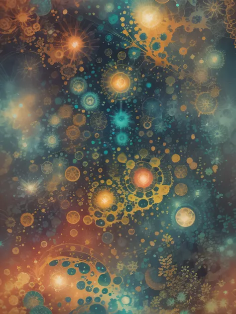 Dots fantasy, a play of patterns, the luminous journey of a soul, fractal nebula, an ultra HD detailed painting, digital art, bright, beautiful, splash, glittering, cute and adorable, magic, surreal, fantasy, watercolor and ink splatter.