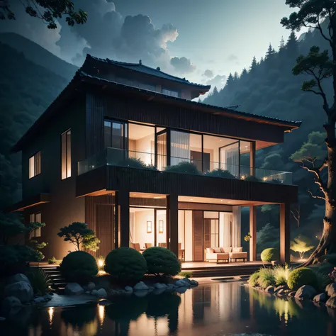 （superwide shot），（Best Masterpiece），in 8K，Modern rectangular glazed villa in the middle of a hill，Wide windows，densely wooded，The leaves are blue々And，The stream is babbling。The visuals are beautiful and beautiful，Night Light Effect