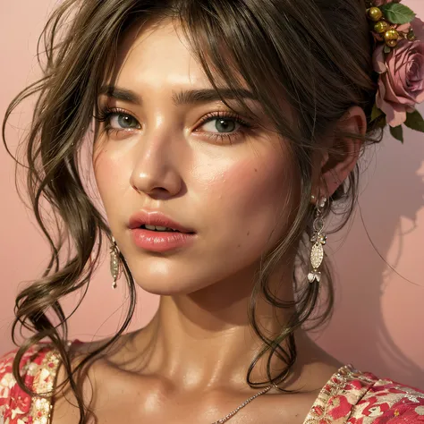 portrait of a beautiful woman with tousled hair, green eyes and a silver stud in her nose