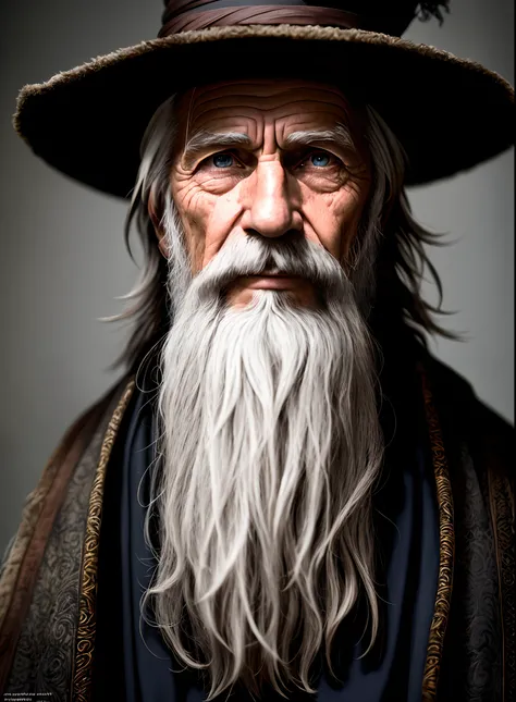 A portrait of a wizard, bearded, wrinkled, weathered, with piercing eyes, detailed face, high details, photography, dark studio, rim light, Nikon D850, 50mm,