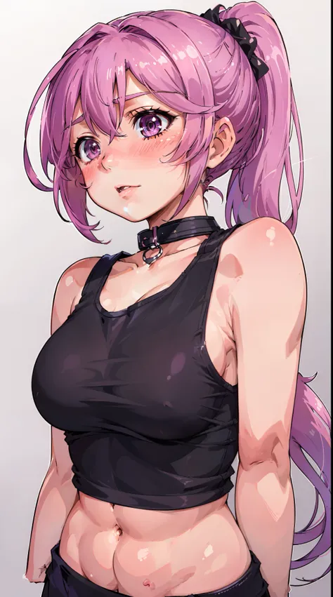 Jibril, ((upper body)), blushed, perfect anatomy, detailed eyes, detailed lips, extremely detailed eyes and face, vivid colors, sharp focus, masterpiece:1.2, ultra-detailed, blushed, ((doggystyle)), (solo), ((cropped tank top)), sleeveless, ((((ponytail)))...