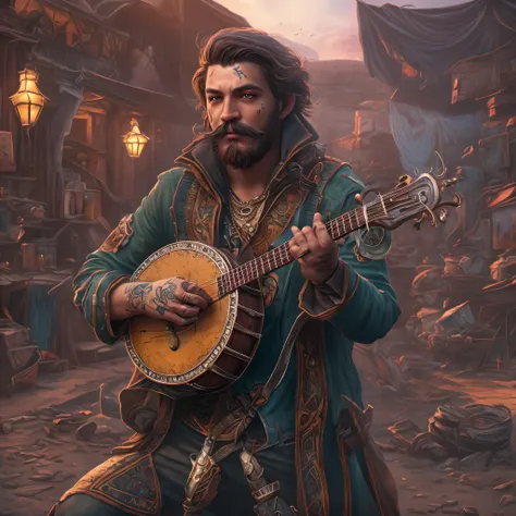 (best quality,4k,8k,highres,masterpiece:1.2),ultra-detailed,(realistic,photorealistic,photo-realistic:1.37),male video game character,(Melodious Sage),(Street Musician),(sky lander),(full body shot),(playing banjo as a weapon),detailed face features,long d...