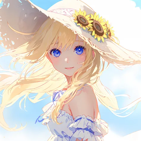 portrait of girl in a (frilly plain white off-shoulder strapless sundress with a (large blue ribbon at the back)), (flowing blonde hair), deep bright blue eyes, very large straw hat, sunflowers, grass, windy, smile, looking at camera, extremely detailed, b...