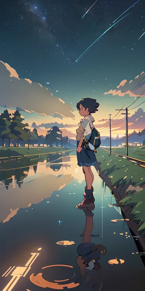 High-quality masterpieces, Landscapes, Clouds, Anime trains pass bodies of water on distant tracks, Bright starry sky. Traveler, Romantic lights, Pisif, concept-art, Lofi art style, Reflection. Makoto Shinkai, Raffe Art, beautiful anime scenes, Anime lands...