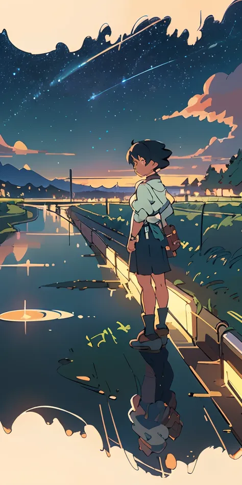 High-quality masterpieces, Landscapes, Clouds, Anime trains pass bodies of water on distant tracks, Bright starry sky. Traveler, Romantic lights, Pisif, concept-art, Lofi art style, Reflection. Makoto Shinkai, Raffe Art, beautiful anime scenes, Anime lands...