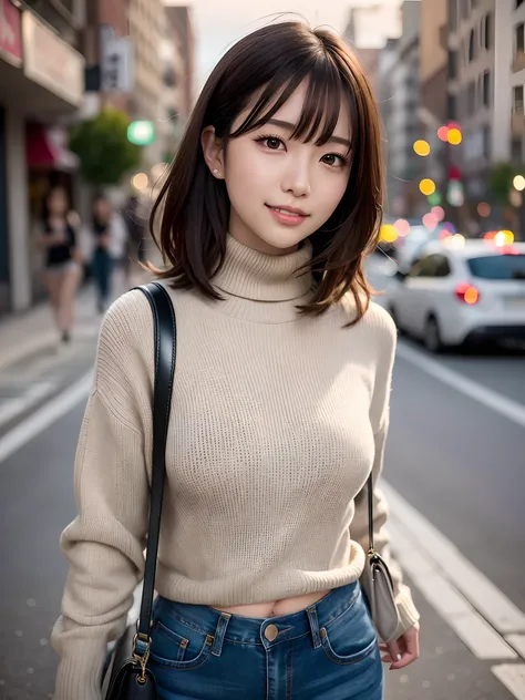 product quality, 1 girl, cowboy shot, front view, a Japanese young pretty girl, long bob hair, walking with a big smile on a crowded sidewalk in the evening, the beautiful sunset, wearing a black turtleneck sweater, hem of the sweater over jeans, carrying ...