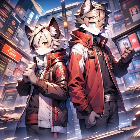 Cybermetropolis，Thunder，drifting snow，Chinese trench coat，firmament，shoun，eyes with brightness,Bust photo of the character,Q version，头像框， Character focus，独奏, shaggy, Furry male cat, Male red fur, The left eye is red，The right eye is blue，Little cute， Will ...