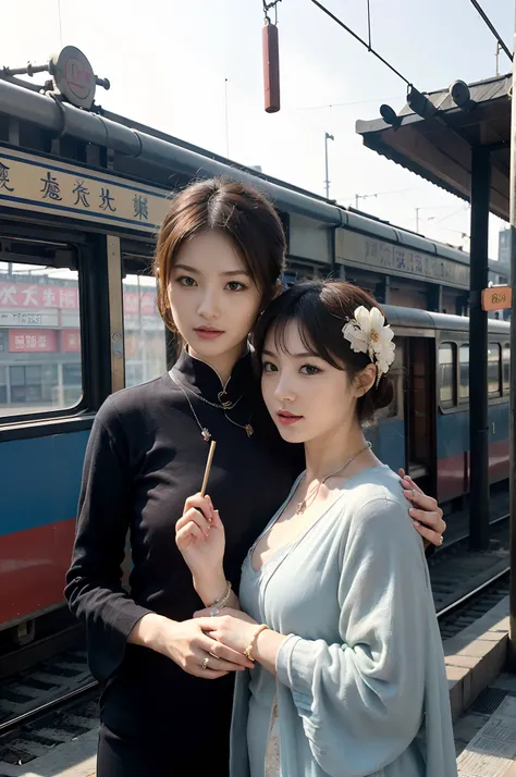 Two beautiful girls,leering:1.4, Lovers, Lesbians,(In the 1920s at the Shanghai Railway Station,Vintage train background:1.6),(Taoist hairstyle,Giant hair sticks:1.6,Oylan hair accessories,armlets, bangle:1.3),Dodge kisses,bauhause, bulgari, official valen...