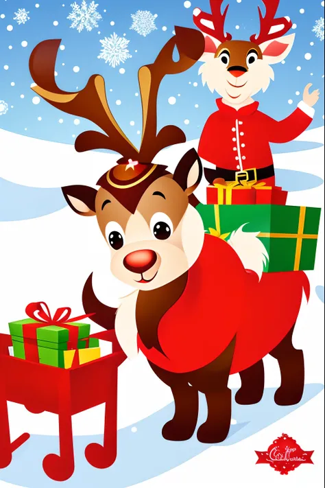 A cartoon style of a cute and beautiful reindeer with red scraft delivering christmas presents to children around the world, isolated white background, printable --auto