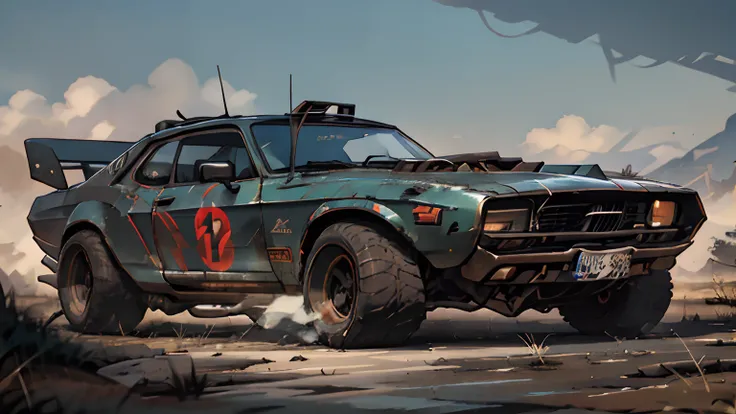 Create a cinematic, filmic image 4k, 8k with [George Millers Mad Max style]. The image should be captured in a [wide-angle view] and depict [single] a [post-apocalyptic]  V8 [muscle car]. The cars paint is a [black] covered in a spots of [rust] and thin la...