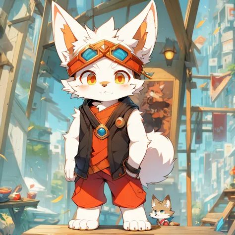 There is a painting，A cat wearing a red helmet and red pants, a fox, fox from league of legends chibi, fursona wearing stylish clothes, Furry character, cute character, Anthropomorphic fox, fox mccloud, tonic the fox, fursona art, an anthropomorphic cyberp...