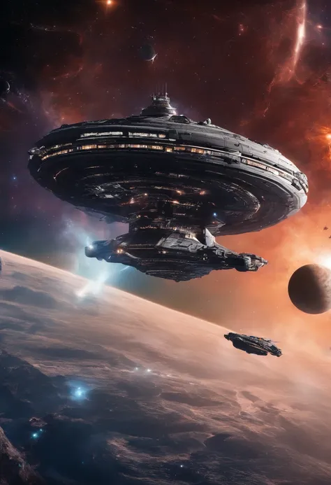 Dreadnought-class space battleships aligned with Saturn in the background