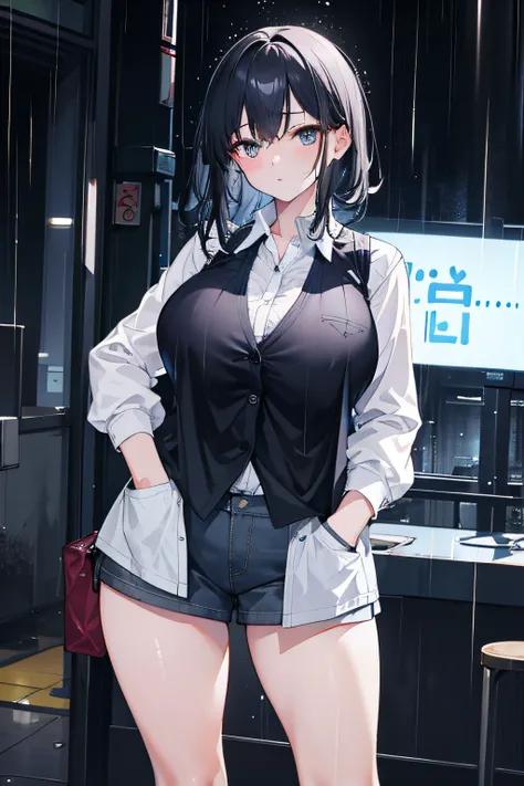 1girl huge large breasts，nightcity，very heavy rain，Put your hands in your pockets，Planktonic，leaving the house，sad Facial expression，Soaked vest，an lingerie，Attractive，lone，A half body，(超A high resolution)，(Ultra-high sharpness)，​masterpiece，Best Quality