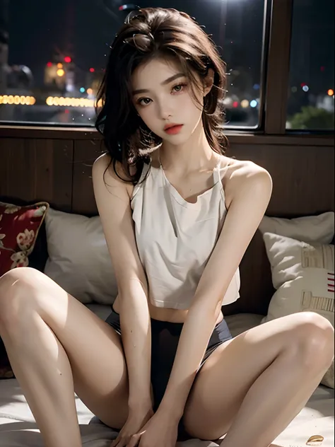 best qualtiy， tmasterpiece， 超高分辨率， （Fidelity： 1.4）， RAW photogr， 1girll， Goose egg face， largeeyes，，， long eyelasher， painted light makeup， cropped shoulders， The shirt， cinmatic lighting， Summer nights， Heat， sweat leggs，Fully transparent underwear，，sprea...