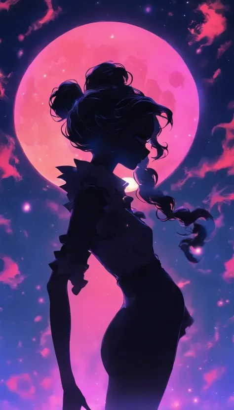 (Silhouette art,)High ponytail,
(((arte em papel cortado,A world where only black exists:1.3)，
(Full body shot),1lady,Solo,willowy body,Slim body,plump,demon,
(JK,profile:1.2),White,Moonlight,The moon behind,Delicate legs,Delicate legs,Extremely long legs)...