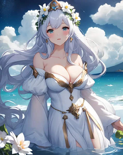 celestial goddess， afloat， Clouds， galaxias， Starcloud， There are large white flowers on the hair，Large breasts，cleavage，Off-the-shoulder attire