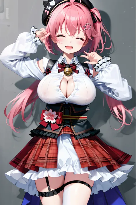 masutepiece, Best_Quality, hight_resolution, miko3,Ponytail, 1girl, Ahoge, black headwear, Hair Ornament, White shirt, black thighhighs, Pink hair, Red_skirt, (very_short_skirt:1.3), plaid skirts, garter_strap, Collared shirt, hair clips, frilld, Bangs, ha...