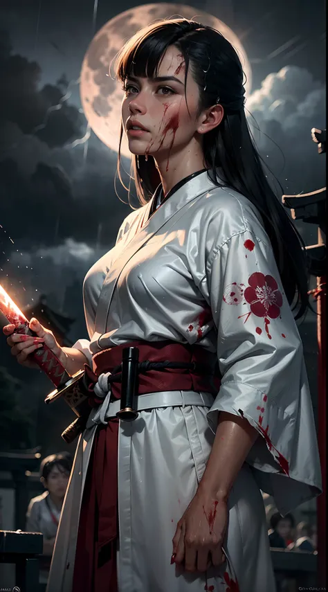 [object Object], (Detailed face features:1.3),1woman,delicate face,bright eyes,beautiful face,((japanese princess)),in the palace,japanese architecture,flames of war raging everywhere,((fighting stance:1.2)),((blunt bangs)),outdoor,((wet clothes)),wet skin...