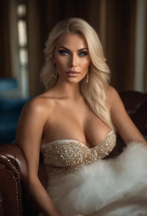 Very pretty blonde woman with blue eyeswho looks like Kim Kardashian very very realistic photo of very high quality , who wears several large pearl necklaces and has very large breasts with a perfect body spread out on a sofa in New York