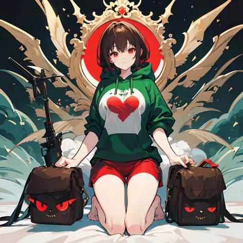 undertale，chara，solo person，Lone wolf，shadowy，guffaw，red - eyed，Sick，morden，Cold-blooded killer，Green hood，Green sweater，brown shorts，daggers，stocklings，Full body standing painting，with short brown hair，Be red in the face，Hand repair，the detail，k hd，Gold l...