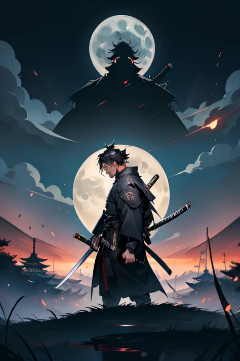 (Masterpiece, Best Quality), 8k Wallpaper, highly detailed, ronin, samurai, katana, japan, night, moonlight, vector style art.