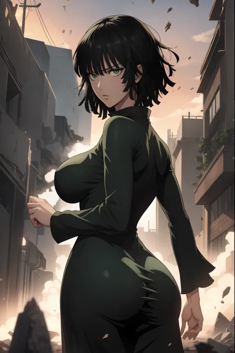 anime art style, fubuki from one punch man, green hair, white skin, wearing v-neck dress, standing on destroyed city, cinematic ...