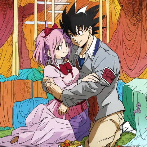 madoka,son goku,couple,husband and wife,love dovey couple,sitting,hug,,smile,(best quality,4k,8k,highres,masterpiece:1.2),ultra-...